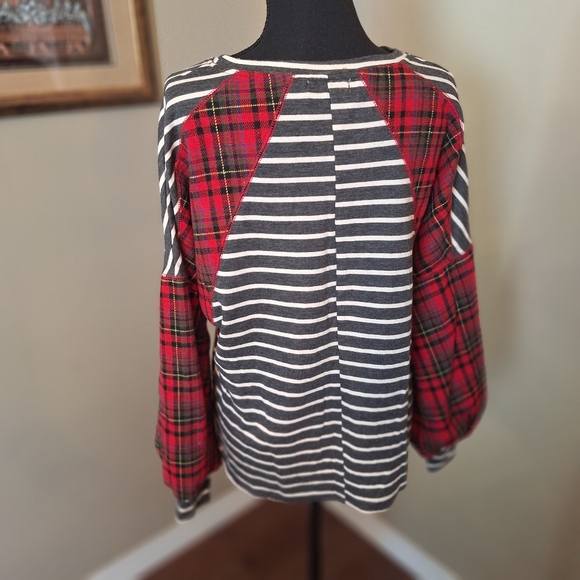 ANDTHEWHY Christmas plaid striped Ballon long sleeve top M - Picture 5 of 15